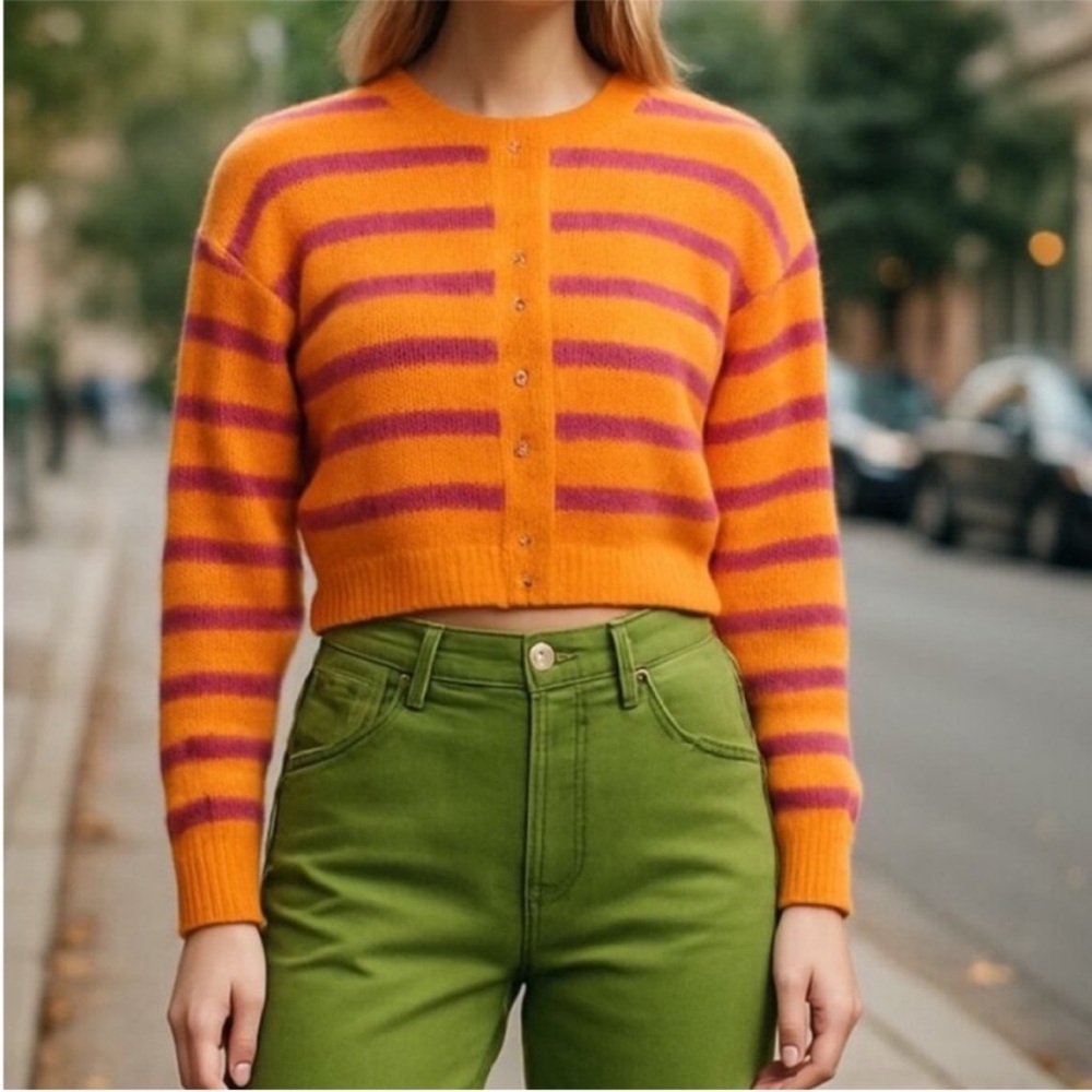 Levi’s Large Sweater Cat Cardigan Sweater Fuzzy Wuzzy - Multi-Color Orange NWT - Picture 6 of 7